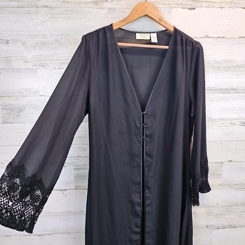 Vintage Victoria's Secret Semi-Sheer Full Length Robe M L Black Dark Romantic